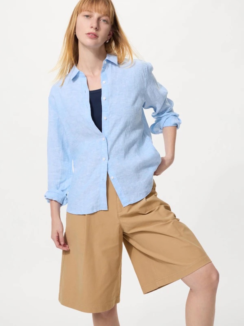 💯linen Uniqlo Light Blue Linen-Cotton Button Down Shirt